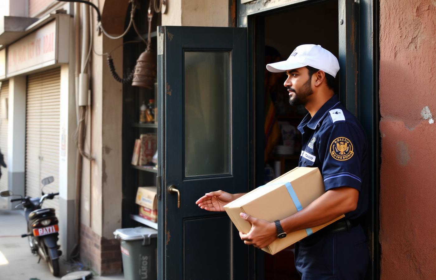 A Netta Logistics delivery executive handing a parcel to a shop owner
