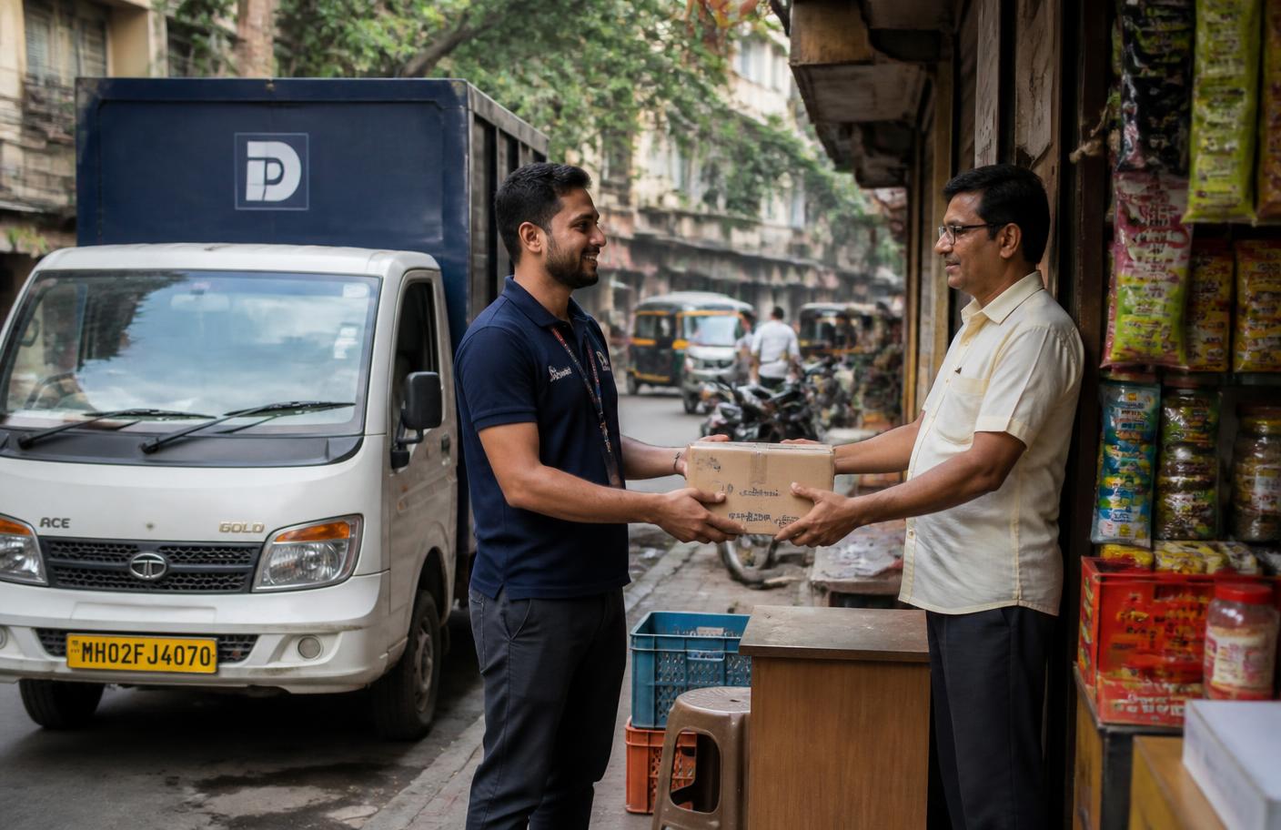 A Nettaa delivery executive handing a parcel to a shopkeeper beside a Tata Ace delivery van
