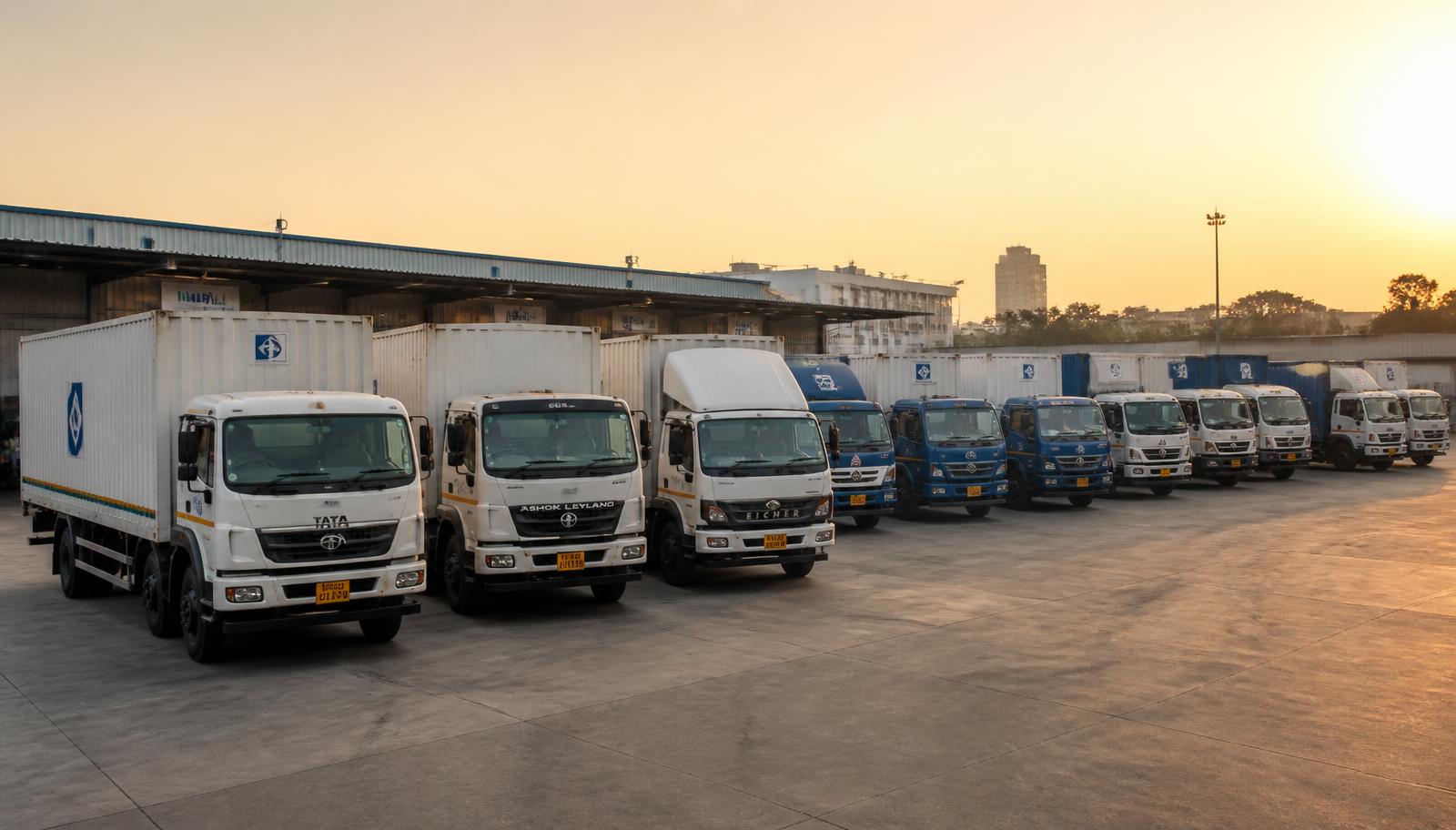 Indian-made Tata, Ashok Leyland and Eicher cargo trucks at a Nettaa Logistics hub at dawn
